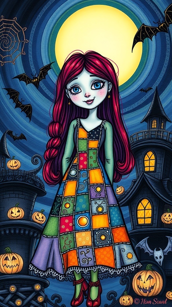 Illustration of Sally from The Nightmare Before Christmas with a whimsical background.